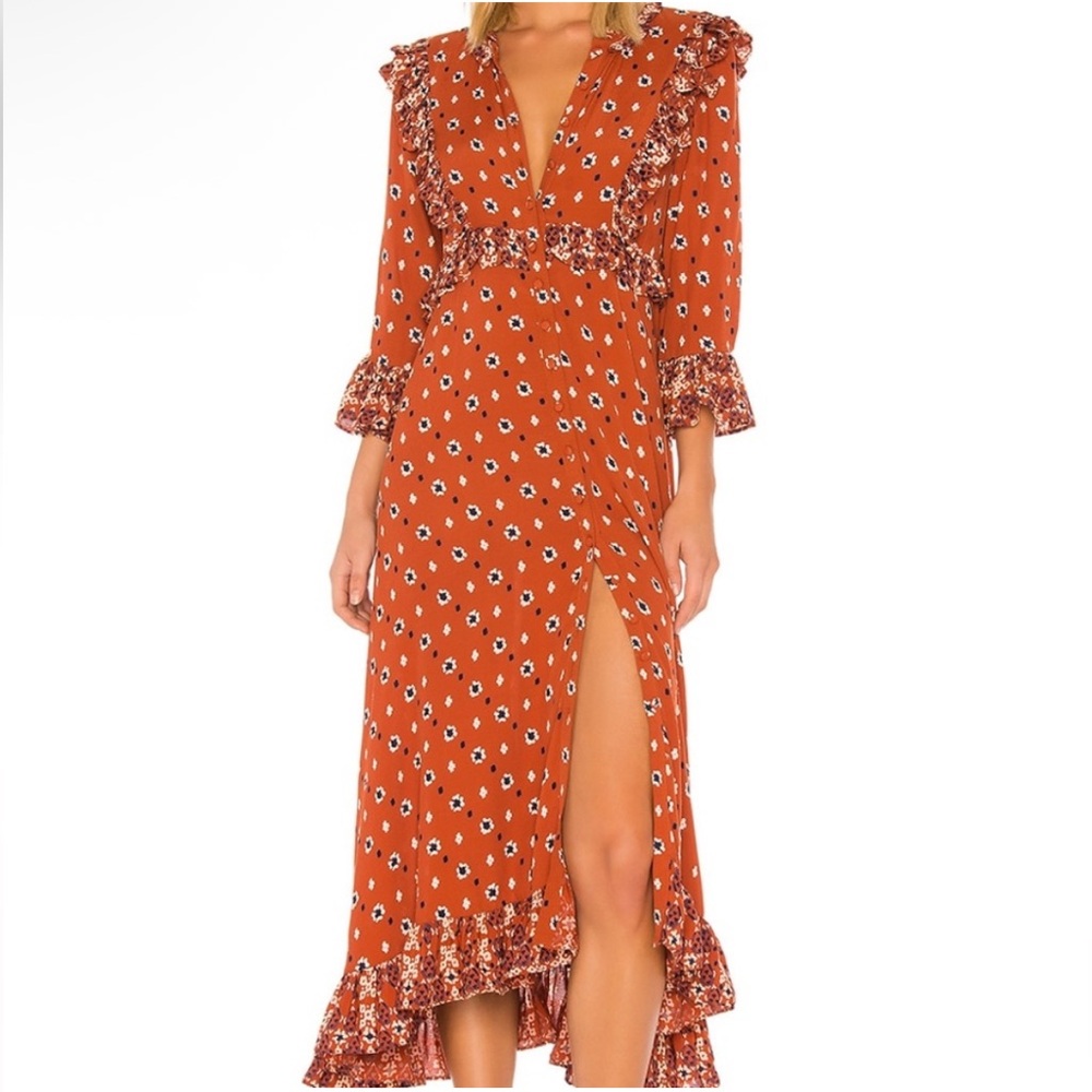 Floral Ruffle Midi Dress - Orange